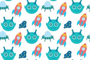 Alien, rocket, ufo and stars cute seamless pattern vector