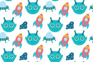 Alien, rocket, ufo and stars cute seamless pattern vector