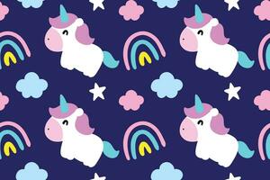 Cute little unicorn with rainbows, cloud and stars seamless pattern vector