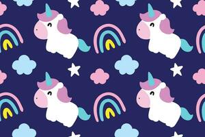 Cute little unicorn with rainbows, cloud and stars seamless pattern vector