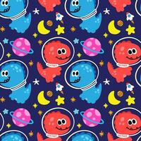 Funny little dinosaurs astronaut in outer space with stars and planet cartoon illustration seamless pattern vector