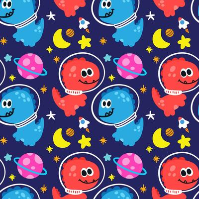 Funny little dinosaurs astronaut in outer space with stars and planet cartoon illustration seamless pattern