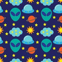 Funny alien and space objects flat design cartoon illustration seamless pattern vector