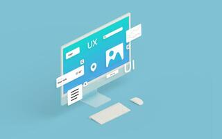 isométrica computadora monitor con usuario interfaz módulos, ilustrando el concepto de web o aplicación desarrollo. digital diseño y desarrollo foto