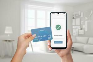 en línea tarjeta pago vía teléfono inteligente seguro digital transacción. rápido y conveniente móvil pago. moderno tecnología para financiero actas foto