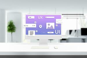 User interface and experience modules of a web page or app hover on an office computer display. Modern work environment photo