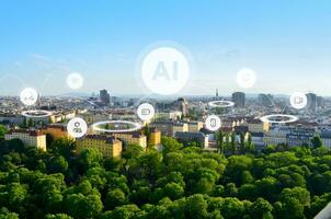 Modern smart city with artificial intelligence that controls the branches of life concept. Icons and network connections fly over the city photo