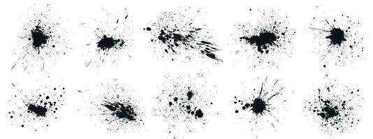 Grunge ink splatter. Splash of paints, spray drops staining and frame with wet paint drop traces vector set