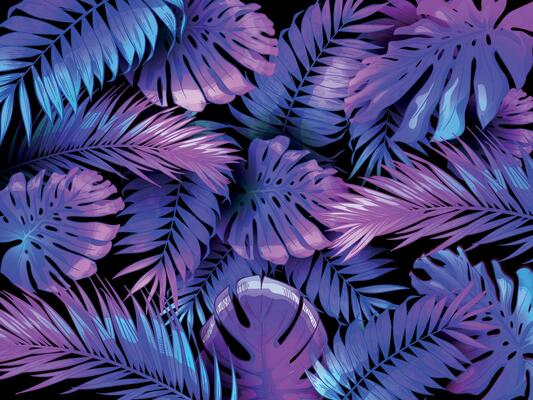 Neon color tropical leaves. Trendy colorful palm tree leaf, jungle background and purple exotic plants leaves vector wallpaper illustration