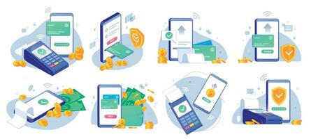 Mobile payments. Online sending money from mobile wallet to bank card, golden coins transfer app and e payment vector illustration set