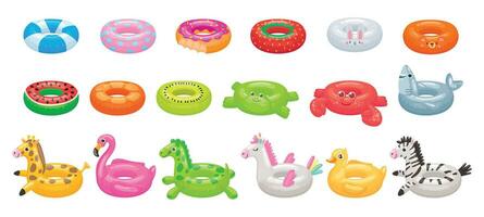 dibujos animados nadando anillo. gracioso flamenco, tiburón, unicornio y Pato flotante anillos verano nadando piscina juguetes vector ilustración conjunto
