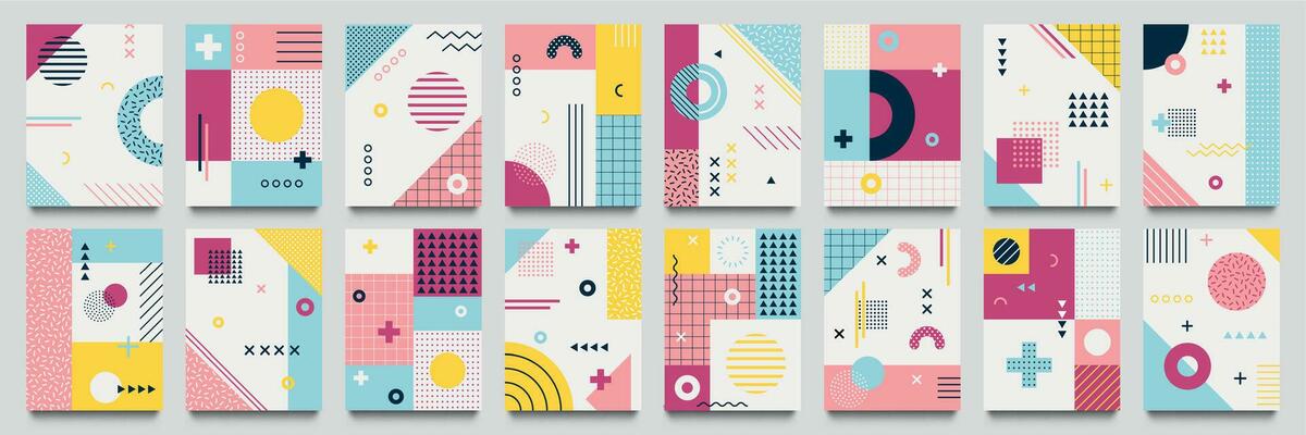 Abstract neo memphis background. Modern geo grid poster template with 1980 lines texture and dotted pop pattern vector set