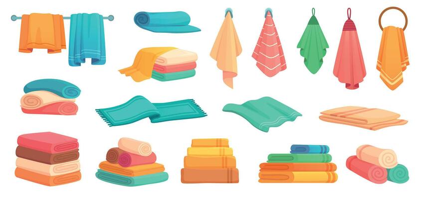 Fabric bath towels. Colorful clean bathtub towel, soft textile and stack of towels cartoon vector set