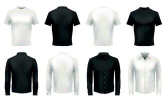 Realistic t-shirt and shirt mockup. Formal male uniform, black wearing and white shirts. Realistic 3D clothes vector template set