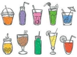 Sketch summer drinks. Glass of soft drink, cold fruit juice and colorful coctalis hand drawn vector illustration set