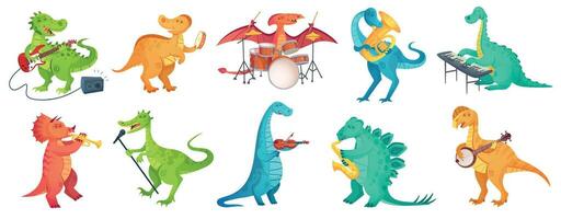 Dinosaur play music. Tyrannosaurus rockstar play guitar, dino drummer and cartoon dinosaurs musicians vector illustration set