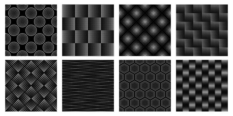 Seamless halftone geometric pattern. Dotted texture, abstract circle shapes and elegant circles patterns vector set