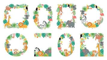 Cartoon animals frame. Jungle animal in tropical leaves, cute frames with tiger, lion, giraffe and elephant vector illustration set