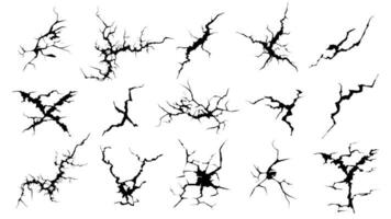 Cracks silhouettes. Hand drawn cracked screen glass, damaged surface and egg surface black crack vector set