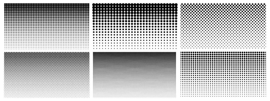 Halftone gradient. Dotted gradient, smooth dots spraying and halftones dot background seamless horizontal geometric pattern vector template set