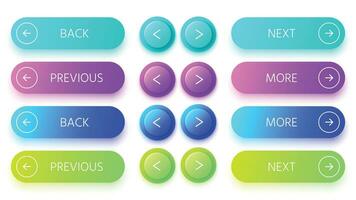 Gradient buttons. Next and back button, colorful prev and more buttons vector set