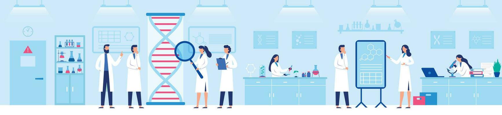 Genetic research laboratory. Professional lab with scientists, genome and biological researches vector illustration