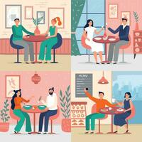 Couple on date in restaurant. Vector illustration set