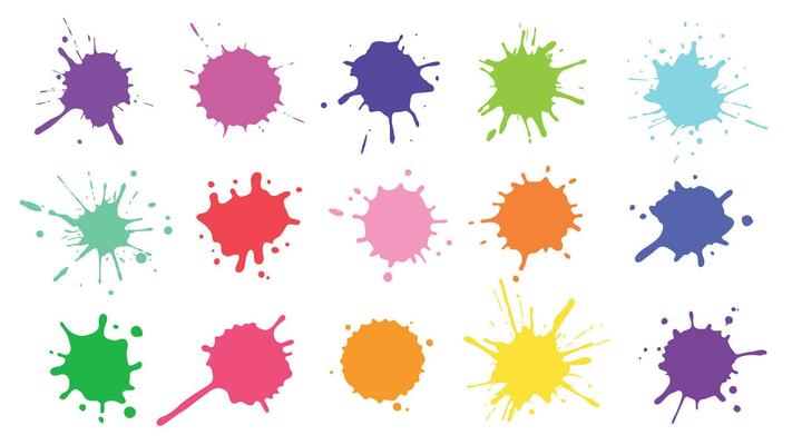 Color paint splatter. Colorful ink stains, abstract paints splashes and wet splats. Watercolor or slime stain vector set