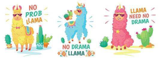 Llama poster. No drama llama and no prob llama vector illustration set