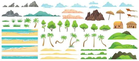 Beach landscape constructor. Sandy beaches, tropical palms, mountains and hills. Ocean horizon, clouds and green trees cartoon vector illustration set