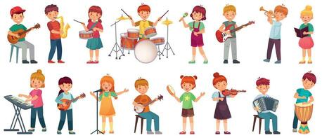 Cartoon kids play music. Talented kid playing on musical instrument, music school lessons. Young singer, children musician vector illustration set