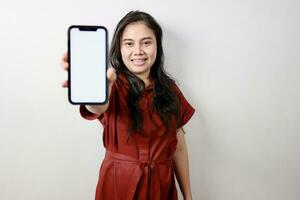 Woman holding smartphone, technology business concept photo