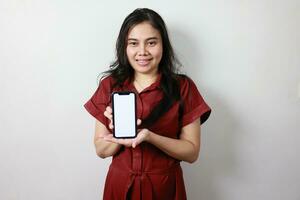 Woman holding smartphone, technology business concept photo