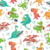 Seamless cartoon music dinosaurs pattern. Dino band, cute dinosaur playing music instruments and rockstar tyrannosaurus vector illustration