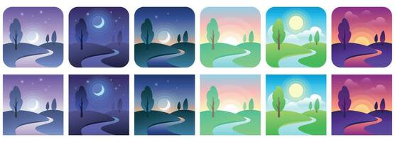 Landscape time icons. Sky and field daytime circle and square icon vector set