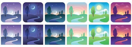 paisaje hora iconos cielo y campo tiempo de día circulo y cuadrado icono vector conjunto