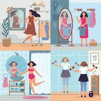 Girl looking in mirror. Women in stylish dressing room, bathroom and gym look in mirrors. Happy reflection in mirror vector illustration set