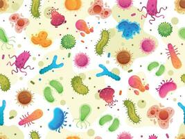 Seamless bacteria pattern. Color germs, microorganism cells microscopic organisms and viruses cartoon vector illustration