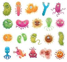 Cartoon bacteria mascot. Virus character, bacterias with funny faces. Color microbes and disease viruses isolated vector illustration set