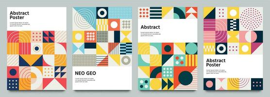 Color neo geo poster. Modern grid flyer with geometric shapes, geometry graphics and abstract background vector set