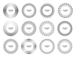 Halftone circle frame. Retro round frame with halftones dots gradient, dotted circles shapes and abstract geometric dots vector set