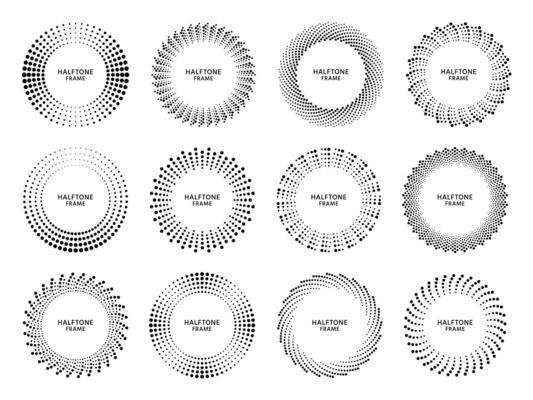 Halftone circle frame. Retro round frame with halftones dots gradient, dotted circles shapes and abstract geometric dots vector set