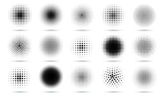 Circle halftone. Abstract dotted circles, round halftones geometric dots gradient and pop art texture. Dot spray gradation vector set