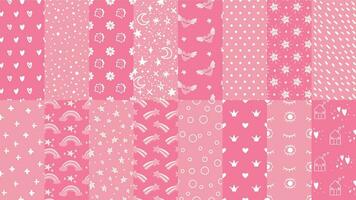 Cute pink seamless patterns. Hand drawn hearts, stars pattern for little baby girl and dots texture for fabric print vector set