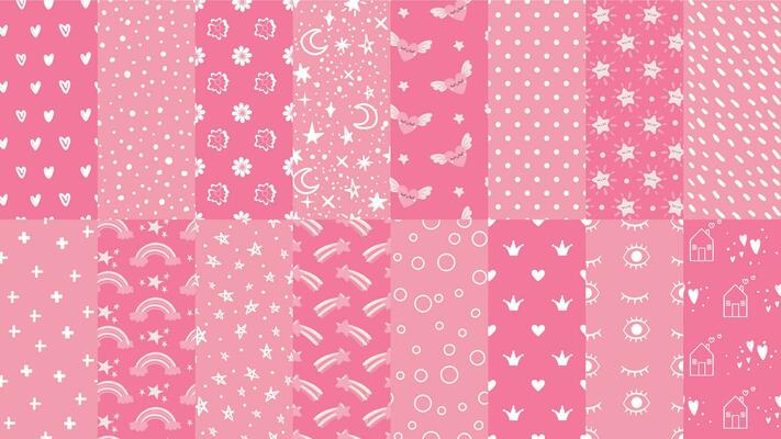 Cute pink seamless patterns. Hand drawn hearts, stars pattern for little baby girl and dots texture for fabric print vector set