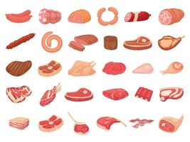 Cartoon meat products. Chicken, sausages and sausages. Steaks, pork bacon and ribs vector set