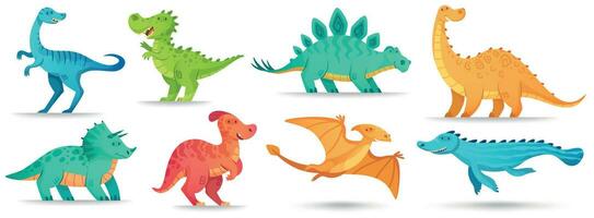 Cartoon dino. Cute dinosaur, funny ancient brontosaurus and green triceratops. Comic dinosaurs vector illustration set