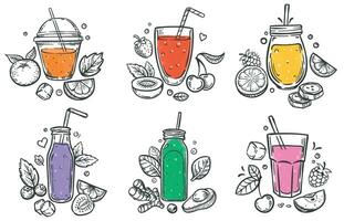 Sketch smoothie. Healthy superfood, glass of fruit and berries smoothies and slised natural fruits hand drawn vector illustration set