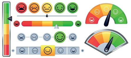 cliente satisfacción metro escala. cliente Velocidad con verde contento sonrisa y triste rojo caras, emoción mediciones escamas vector conjunto