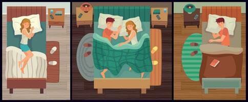 Couple of people sleeping. Man and woman asleep alone and together, healthy sleep cartoon vector illustration